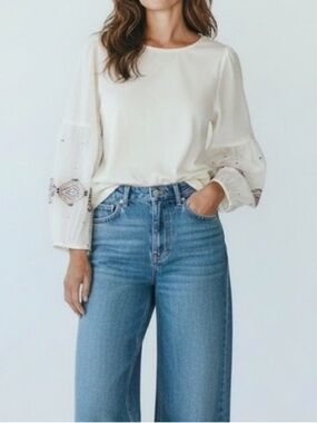 New Cost Plus World Market Cream Blouse Embroidered Sleeves sheer poof Sleeves